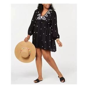 RAVIYA Women's Plus Size Embroidered Long-Sleeve Cover-Up Dress, BLACK, 1X NWT